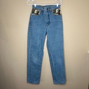 Isabel Vintage High Waist Mom Jeans with Dalmatian Print tapestry Detail Size 4‎